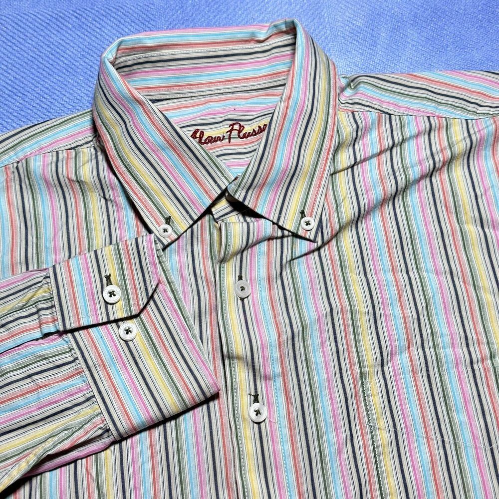 Alan Flusser Striped Pastel Multicolored Front‎ Button Down Shirt Men's Size XL